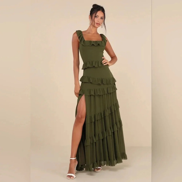 Lulus Compelling Romantic Olive Green Ruffled Tiered Maxi Dress Party Wedding - Picture 2 of 9